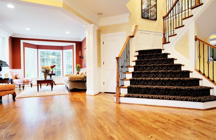 这个家的入口拥有一个令人惊叹的楼梯，迷人的地毯地板，黑色铁栏杆和木扶手。