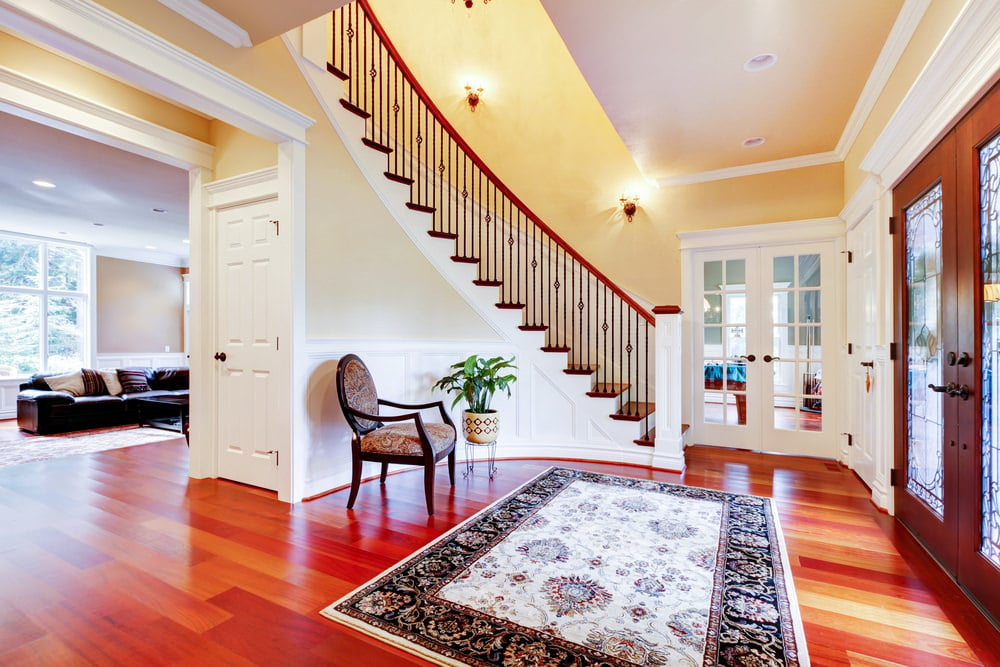 大门厅拥有质朴的地板，上面有优雅的地毯。由墙壁照明的楼梯看起来很优雅，而椅子和一侧的室内植物为门厅增添了风格。