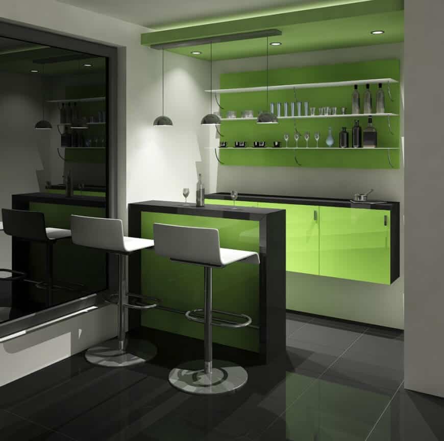 现代绿色口音的家庭酒吧，瓷砖地板和白色墙壁，以及吊坠和嵌入式灯。