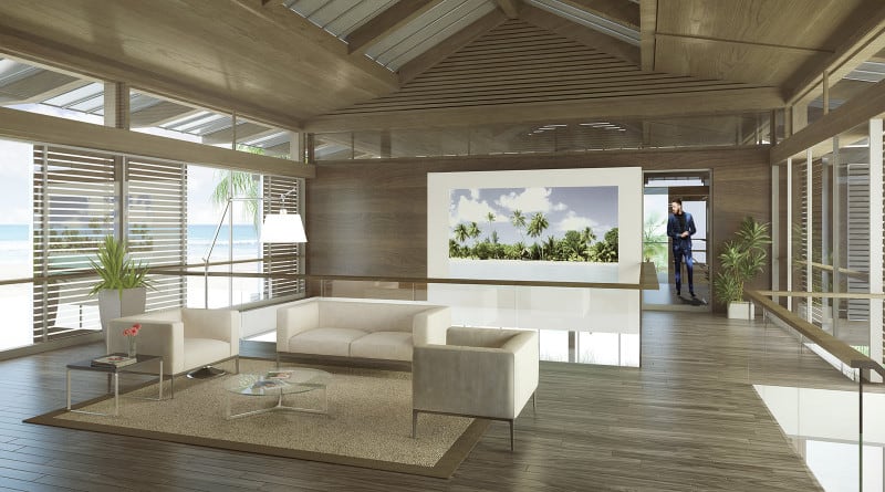 有趣的客厅设置硬木地板，墙壁和天花板，以及时尚的客厅座椅和棕色地毯。