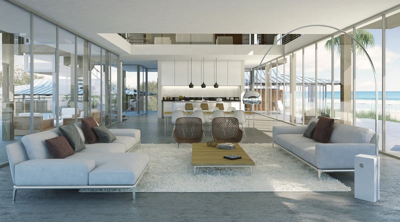 宽敞的海滨豪宅客厅，浅灰色家具，大开放空间的落地窗。