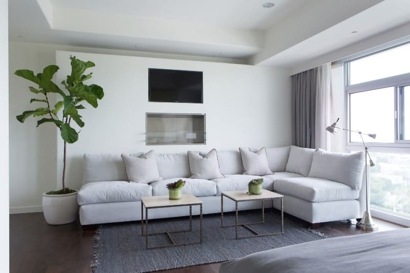 这种生活的美在于它简单的白色托盘天花板，白色的墙壁上放着电视和壁炉，还有白色的l型软垫组合沙发。这与深色硬木地板形成对比，上面有灰色的地毯。