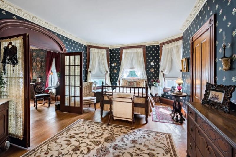大型复古风格的卧室，带有有趣的深蓝色印花壁纸和双玻璃入口门。