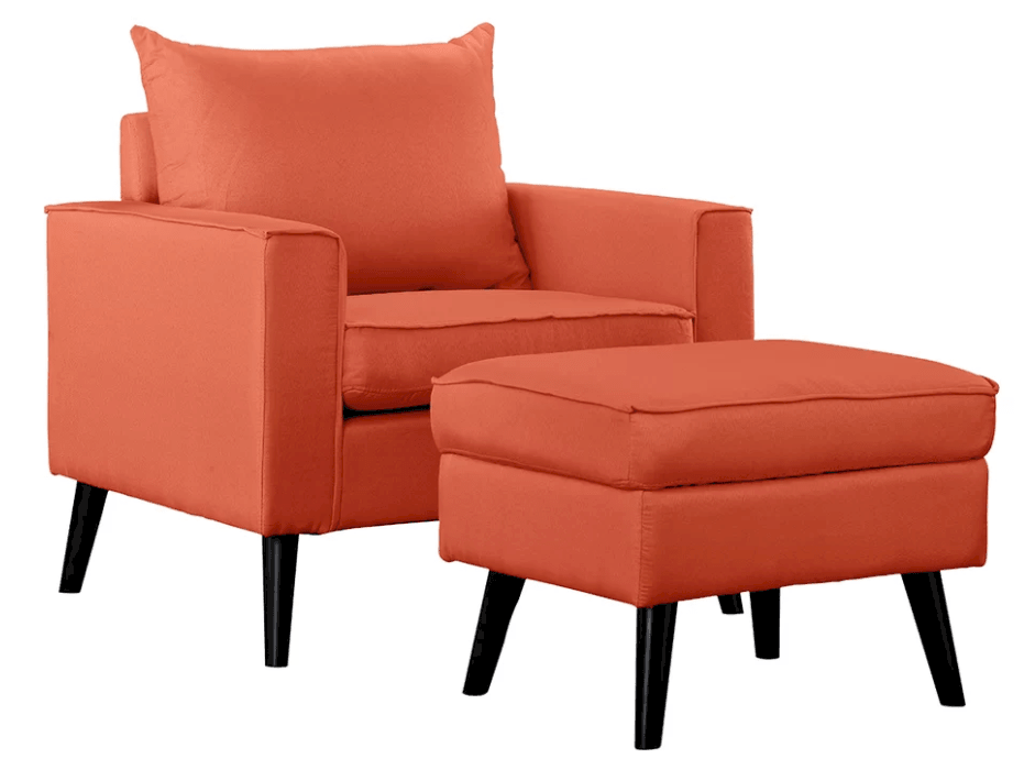 明亮的橙色舒适的口音椅子与脚凳。
