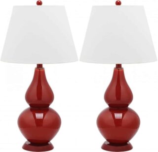 玻璃双葫芦台灯，红色底座，白色灯罩。