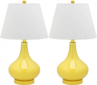 玻璃双葫芦台灯，黄色底座，白色棉质灯罩。