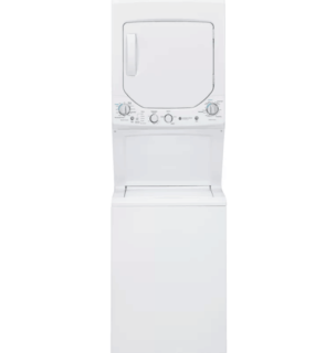 白色洗衣机和烘干机组合，表盘控制系统和不锈钢材料。