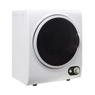 白色便携式紧凑型烘干机，不锈钢滚筒材料和温度控制系统。