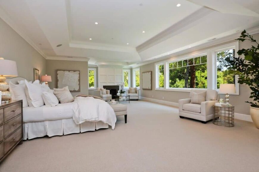 白色的大卧室，有托盘天花板和嵌入式灯，还有地毯地板和宽玻璃窗。