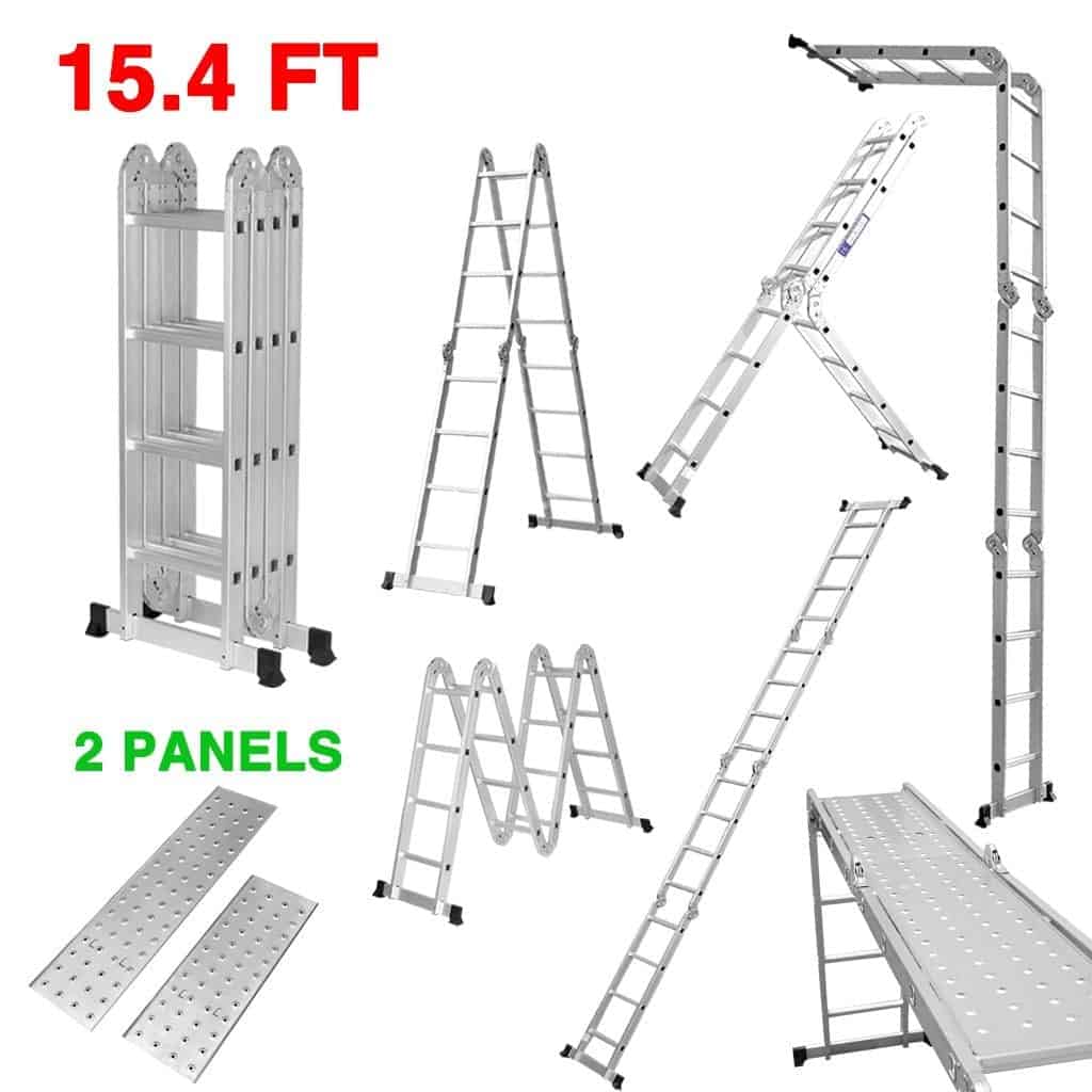 重型多用途铝折叠延伸梯与安全锁定铰链。