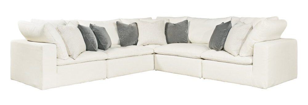 5件套沙发与明亮的白色华尔兹织物和泡沫填充物。