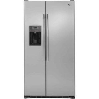 深灰色，不锈钢冰箱，带制冰机和LED照明。