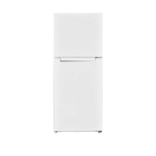 白色小巧的冰箱，配有顶部冰柜。
