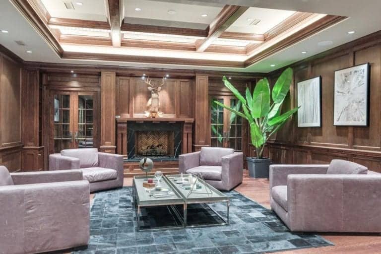 舒适的客厅设有雪佛龙形壁炉和灰色躺椅，围绕着金属咖啡桌，咖啡桌坐落在格子地毯上，还有一株大型室内植物，为这个房间增添了活力。