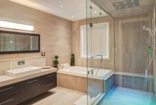 浴室在淋浴和主浴室区域有充足的照明，通过嵌入式照明。