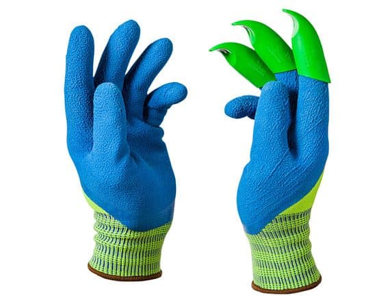 蓝色和绿色带爪子的园艺手套。