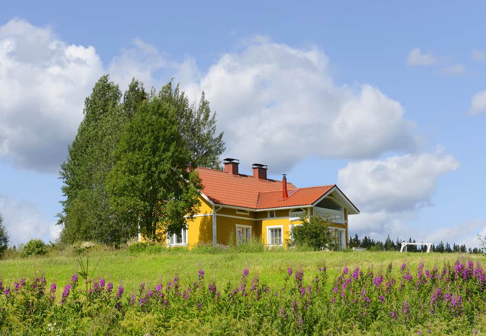草地上的黄色乡村房子，亮红色的屋顶。
