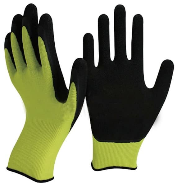 绿色和黑色的乳胶园艺手套。