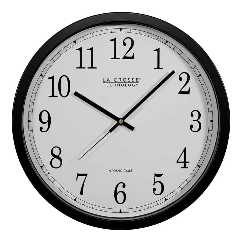 黑色圆形塑料框架模拟时钟。