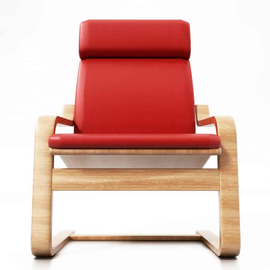 现代红色POÄNG椅子在前面的概况。
