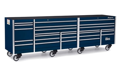 深蓝色的144英寸,26-drawer五个银行EPIQ系列卷出租车PowerDrawer和红犀牛远程锁可脱卸的工具箱。