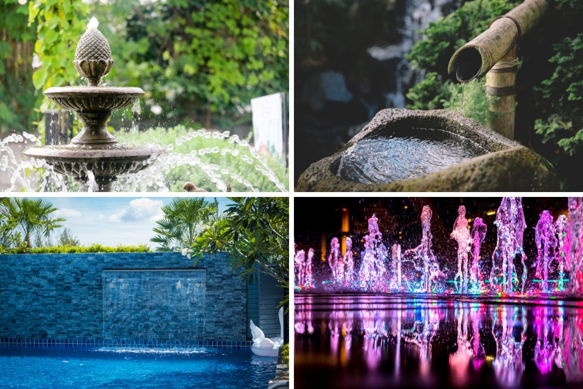 不同类型的喷泉，拼贴照片。