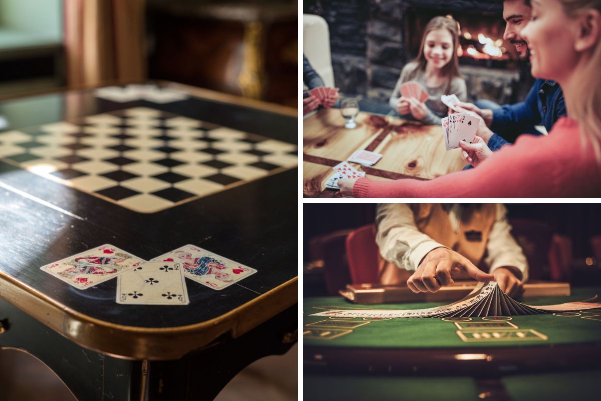 牌桌照片拼贴:一家人玩游戏;赌场管理员洗牌