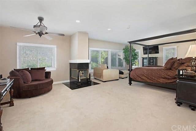 大型主套房设有地毯地板、起居室、壁炉和一台电视。