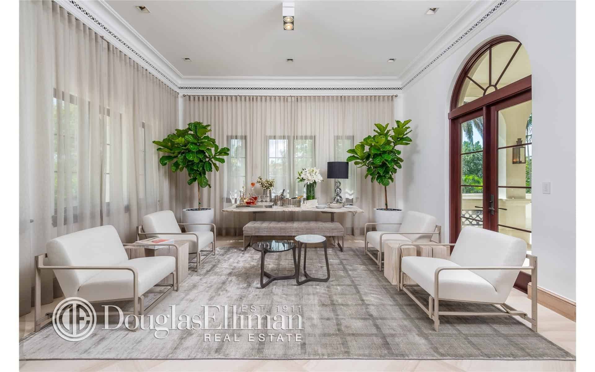 客厅拥有优雅的氛围，其经典的椅子，窗帘和室内植物。