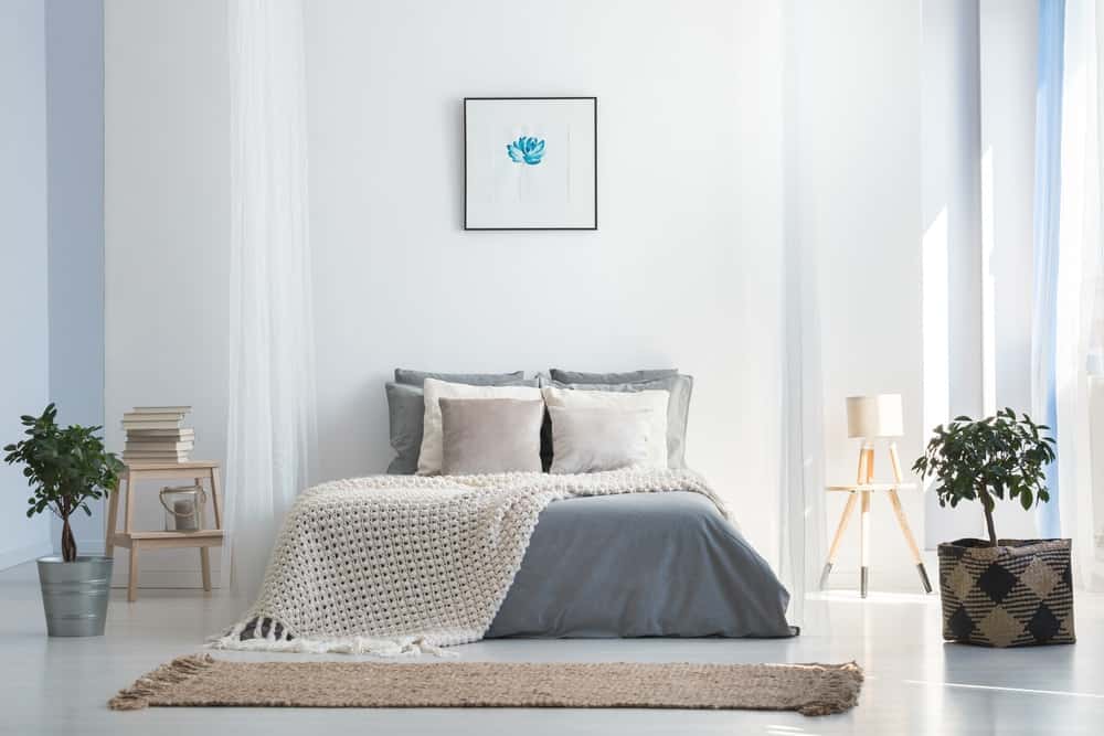 白色的现代卧室，灰色的床上有米色的毯子，头顶上有一幅画，室内植物，木制书架和落地灯。