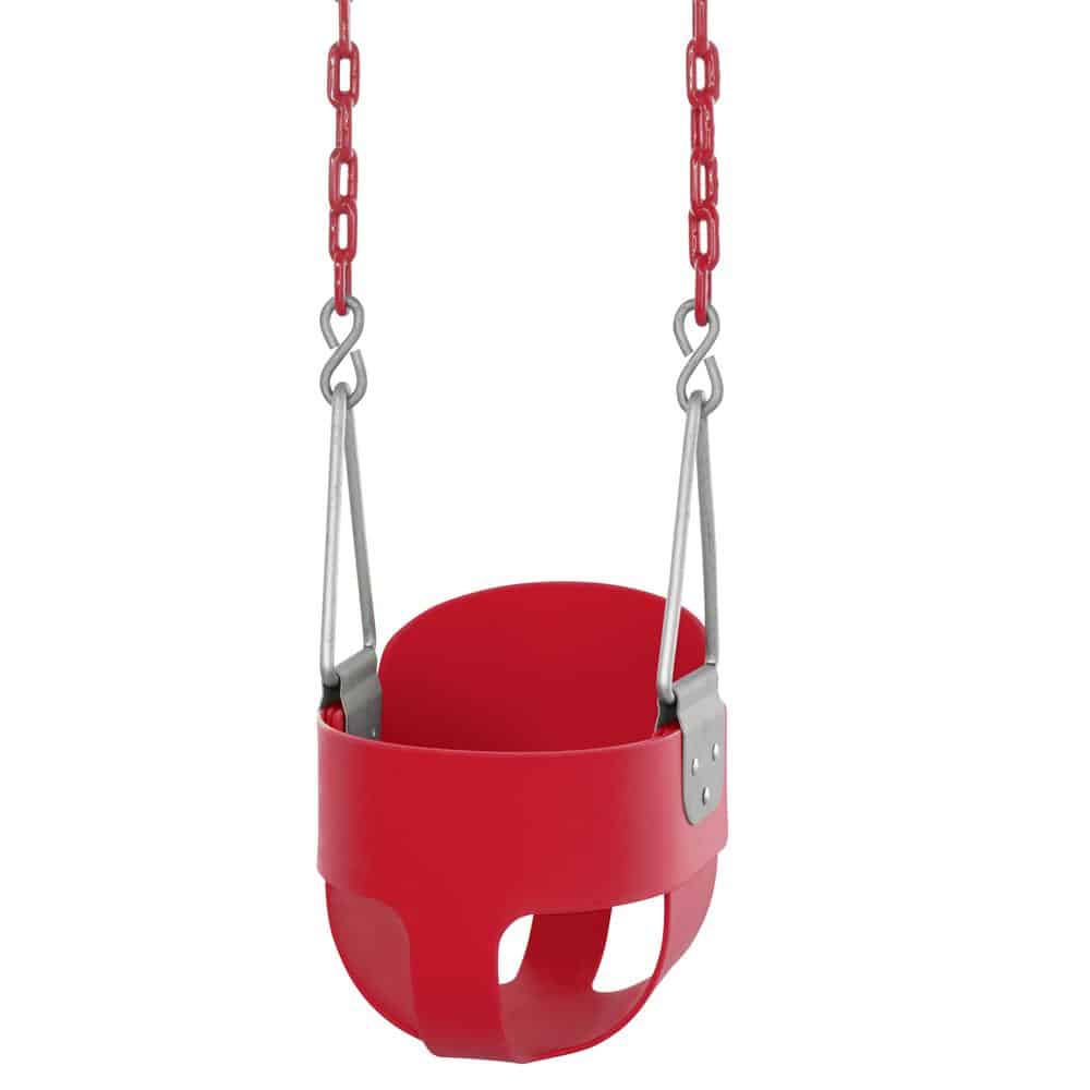 红色水桶摆动与乙烯涂层链。