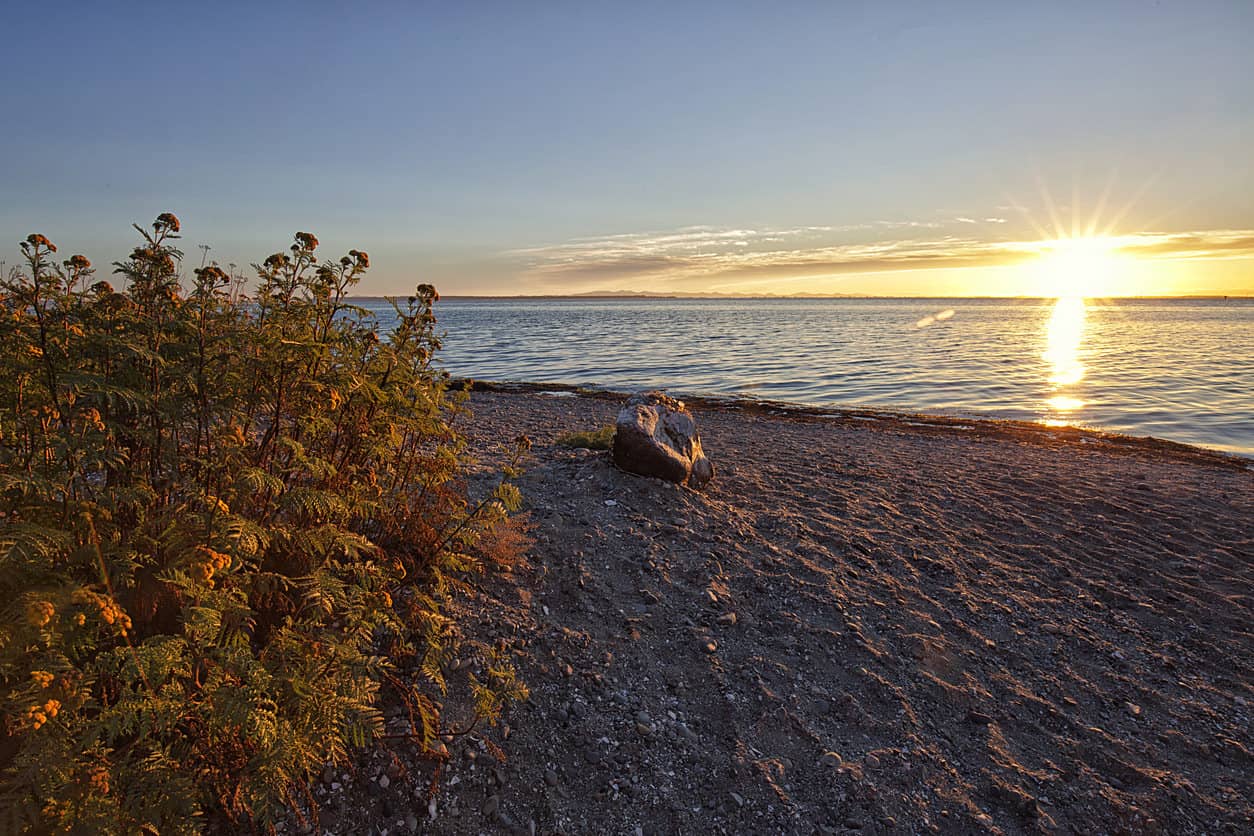 新月在夏天海滩日落,萨里。加拿大不列颠哥伦比亚省