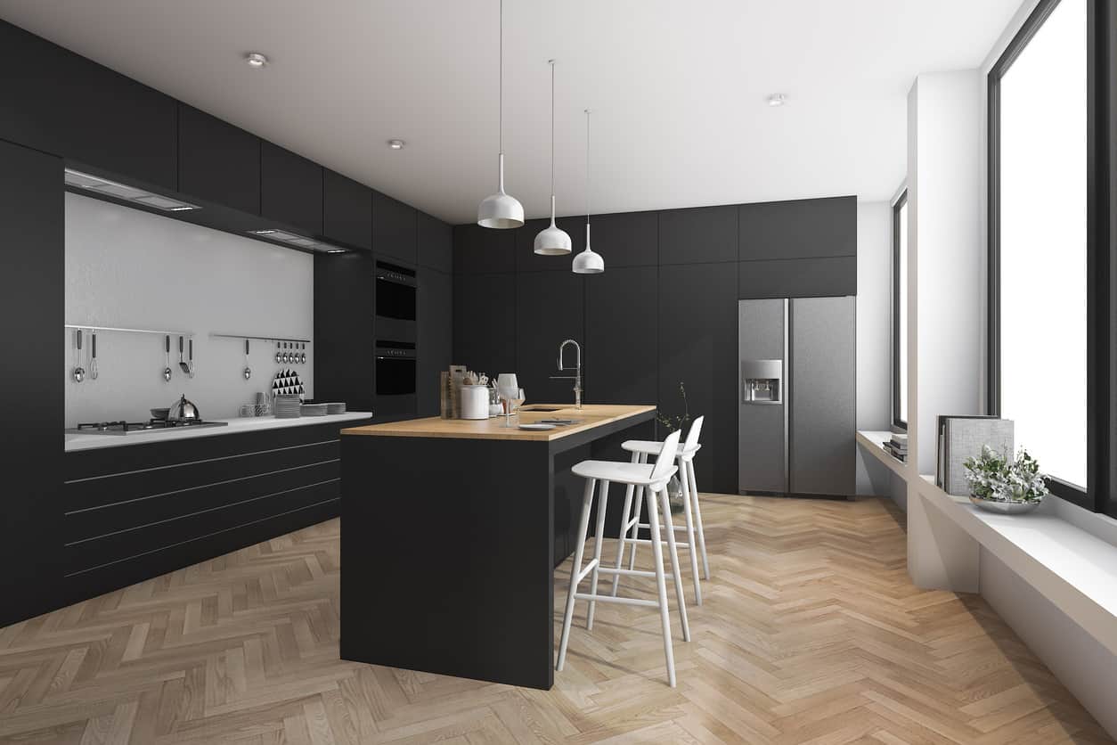 这是一个现代黑色厨房的3D渲染，白色和木质台面以及人字形木地板。