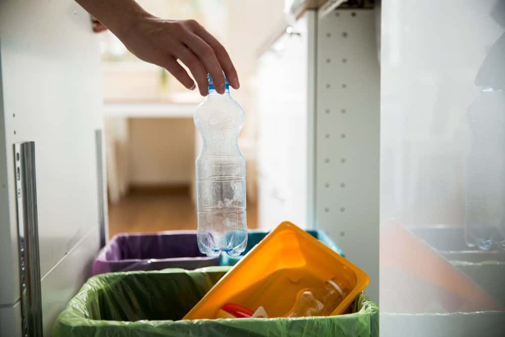 把空塑料瓶放在厨房的回收箱上。