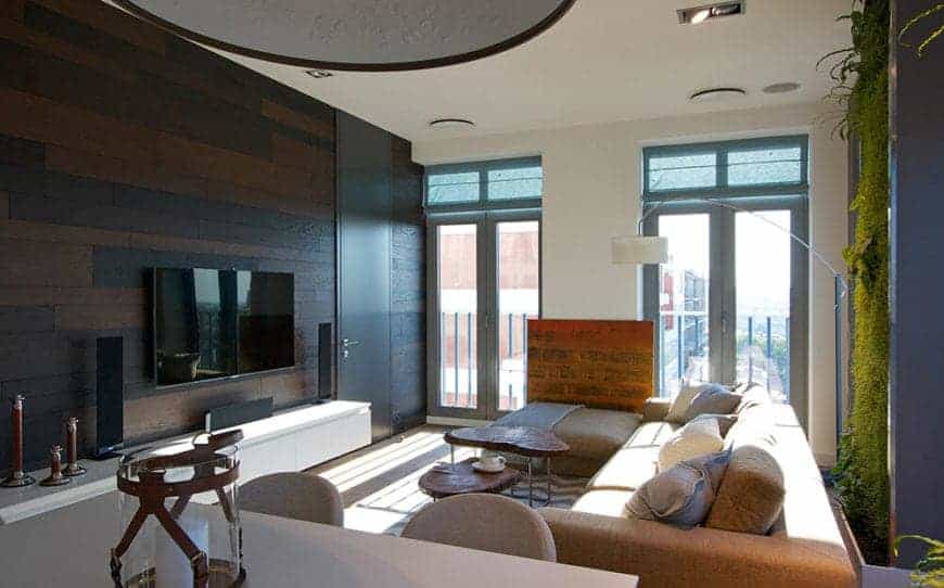 生态友好的客厅，玻璃窗和深色的木面板墙在硬木地板。