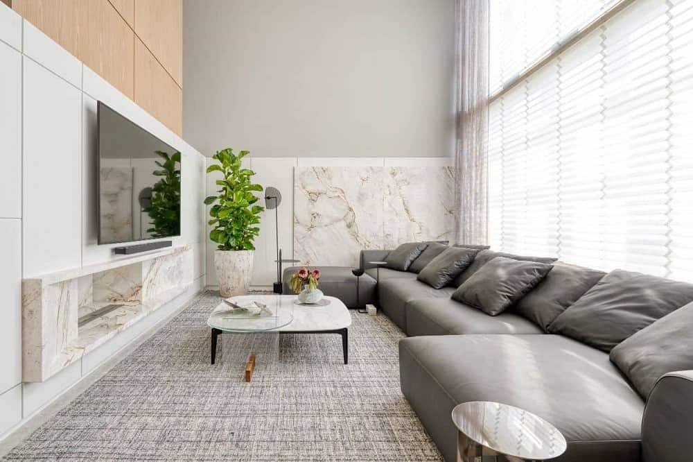 这是一个完整的公寓的客厅对面有一个很大的灰色皮革沙发上固定在墙上的电视,现代壁炉和盆栽植物。这些都是补充的大型玻璃幕墙在沙发后面。这是由STUDIOCOLNAGHI您。