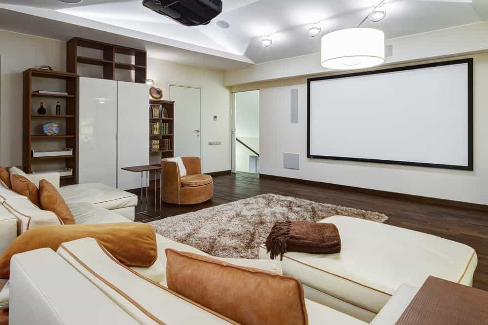 一个大的家庭影院，白色的墙壁和天花板，以及一组可爱的沙发座椅和硬木地板上的地毯。