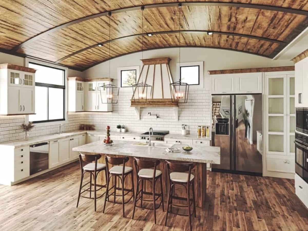 工匠风格的厨房与木桶拱顶与木板桶拱顶天花板。