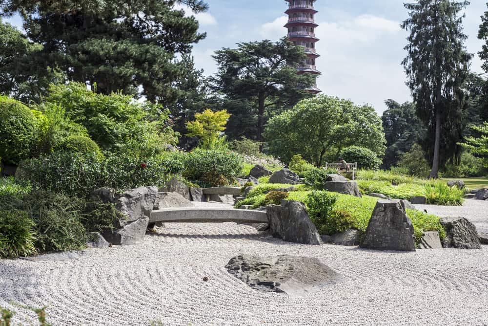 在英国伦敦皇家植物园的邱园，以塔塔为背景的日本风景