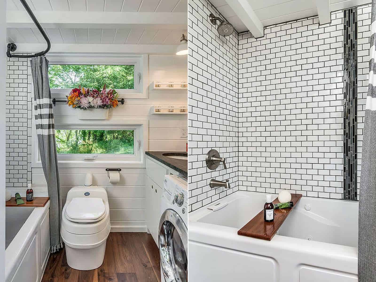 另一个高效的小房子浴室的例子，有浴缸，洗衣机和烘干机。深色木地板与白色木墙以及浴缸周围的地铁瓷砖墙形成了鲜明的对比。