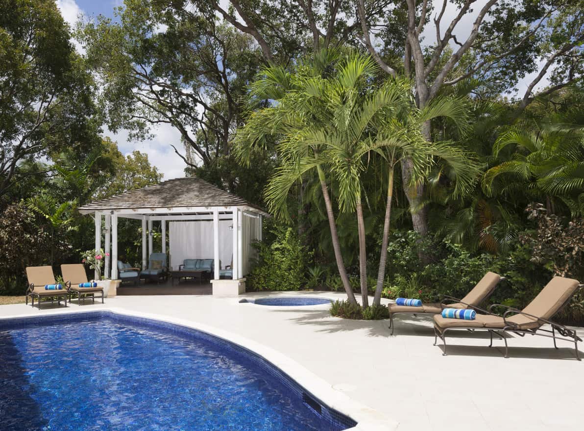 游泳池区周围的热带树木和植物。它还设有传统的休息室和一个小屋。