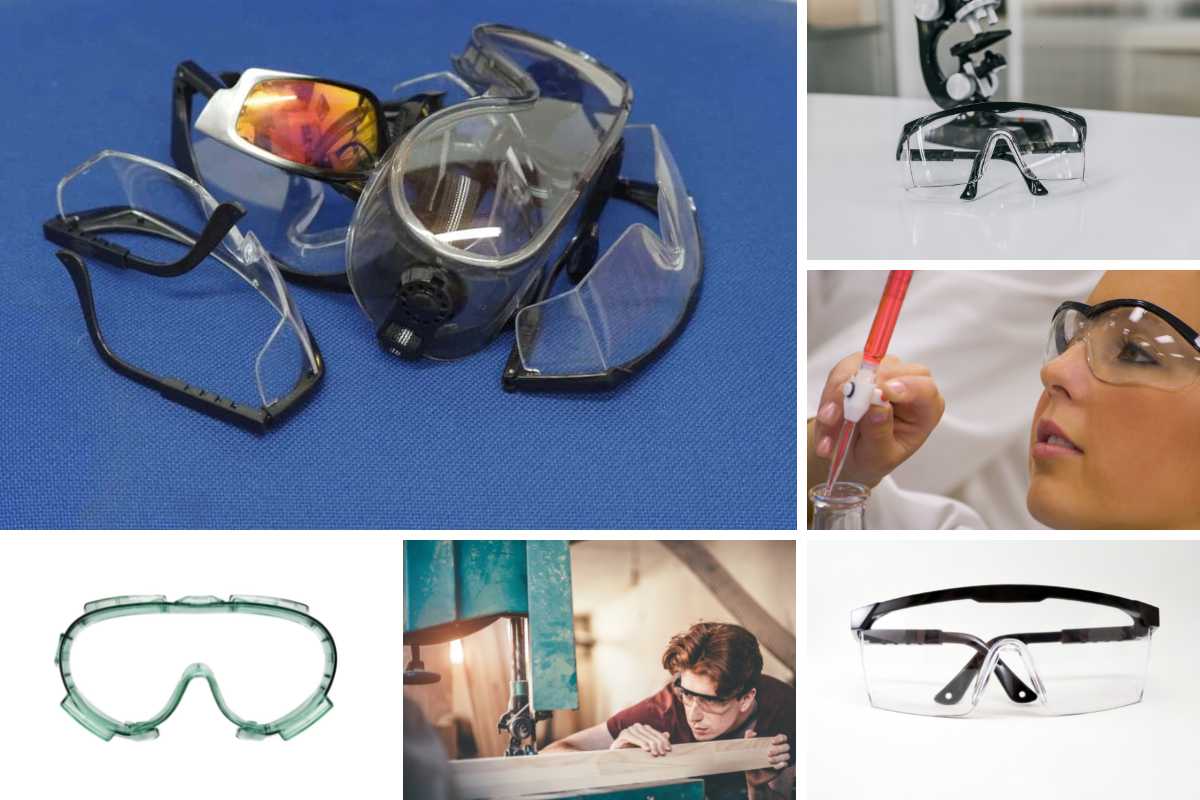 不同类型的防护眼镜的照片拼贴。