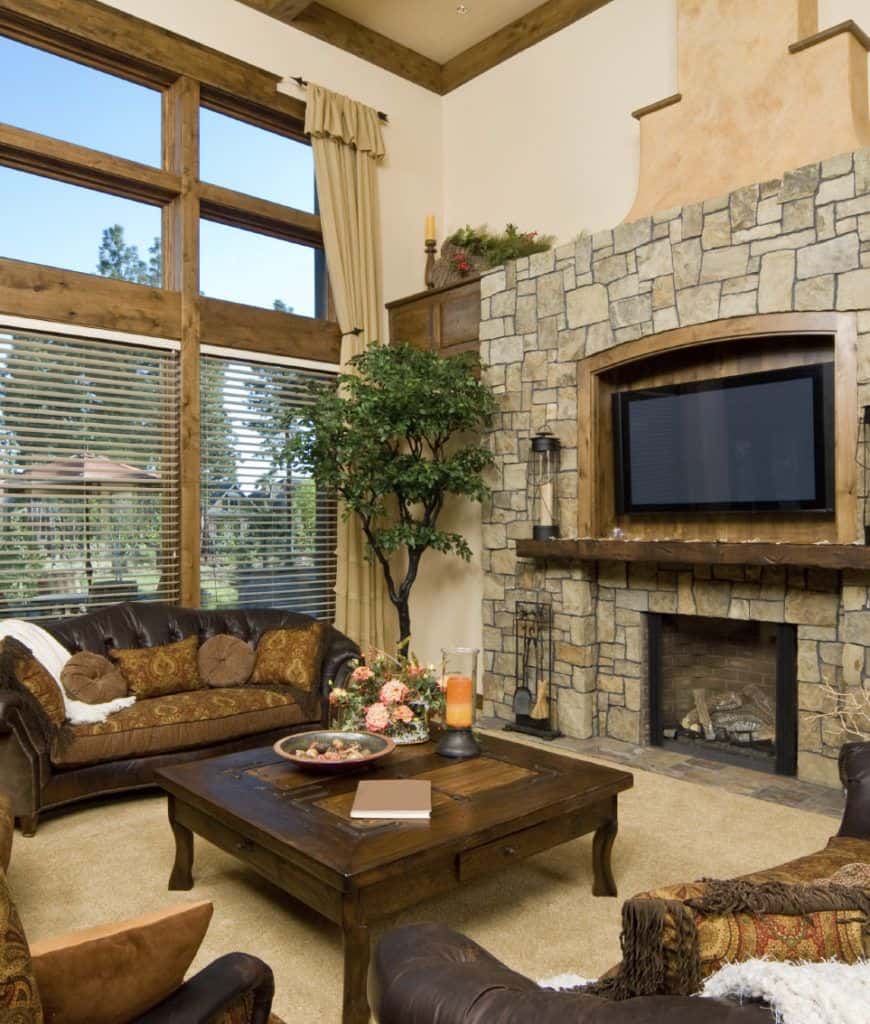 这间客厅的特色是一台电视安装在固定在石墙上的木制镶件上，底部有一座壁炉。它强调了室内植物，为该地区提供了清新的氛围。