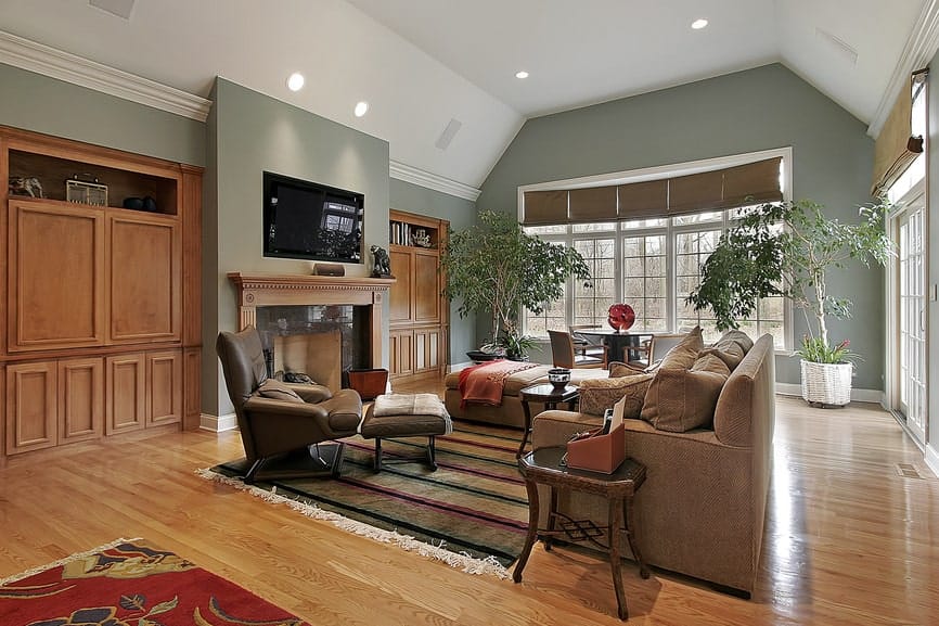 一间大客厅，配有棕色沙发，前面有壁炉和电视。房间四周都是绿色的墙。