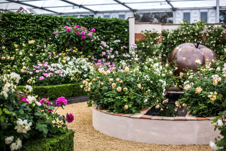 这个花园的特色是一个花坛，上面铺着回收的方形陶瓦。