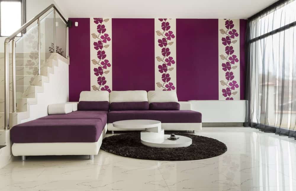 宽敞的起居空间以紫色为特色。白色大理石地板上铺着黑色地毯，看起来很有档次。紫色的墙壁上有可爱的花卉图案，看起来迷人迷人。