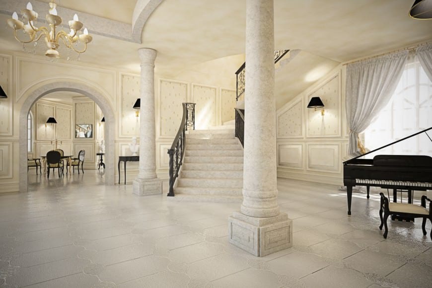 一座拥有浪漫风格门厅的豪宅，白色优雅的墙壁和地板，旁边还有一架黑色钢琴。