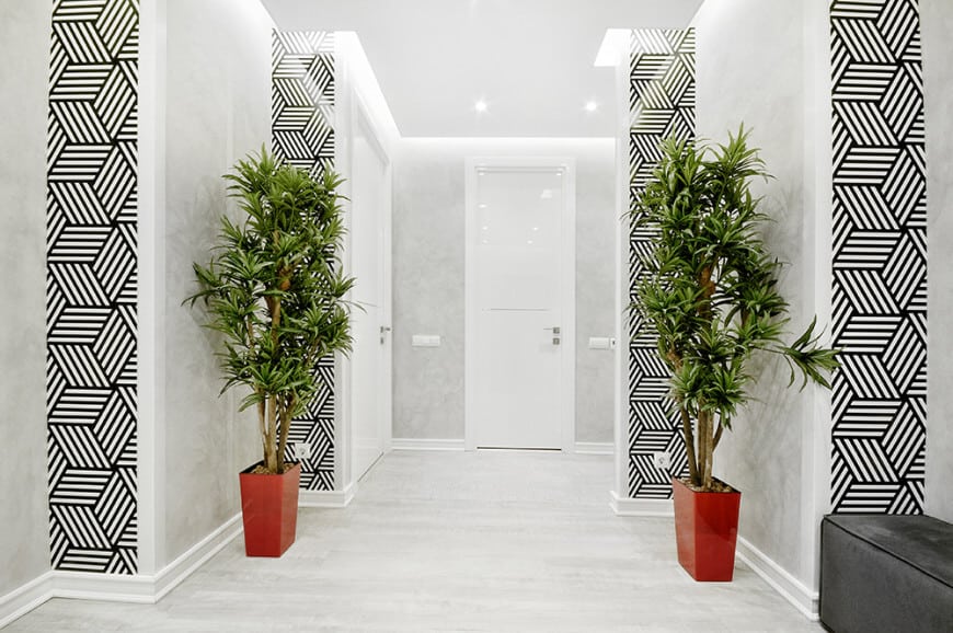 白色门厅以时尚的墙壁设计为特色，绿色盆栽植物为白色区域增添了色彩。