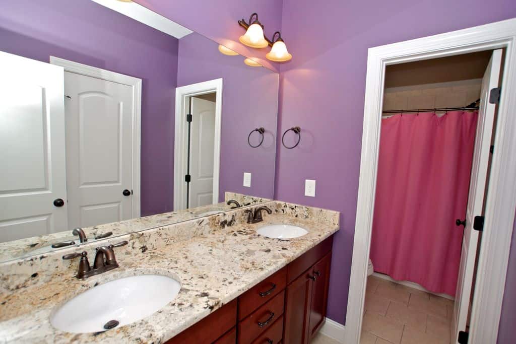 一间带有双水槽和卫生间的主浴室，四周环绕着紫色的墙壁。
