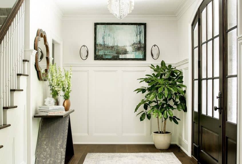 这个小门厅的白色墙壁上有白色的护墙板，在深色木质正门旁边的角落里装饰着一盆植物，正门上有嵌壁式窗户，在深色硬木地板上的白色地毯上引入自然光。